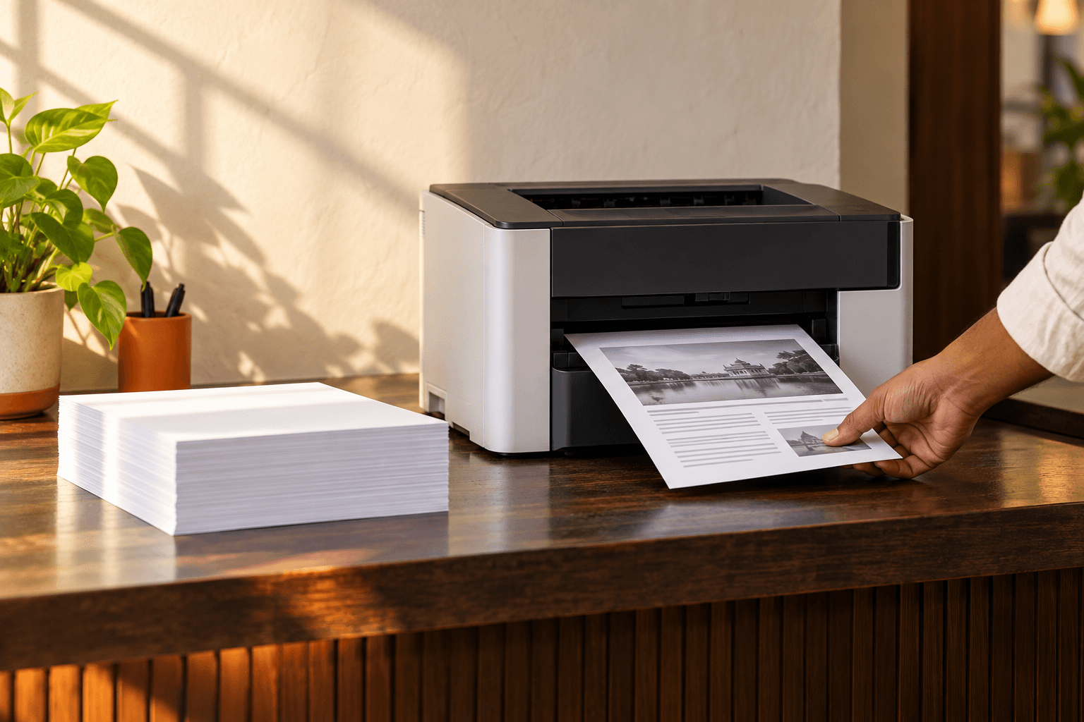 A print shop printer producing a document at the counter